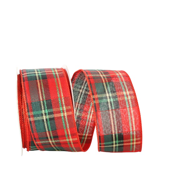JAM Paper 2.5" x 25yd. Shimmer Wired Holiday Plaid Ribbon